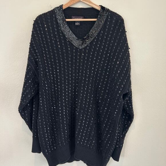 Classiques Entier Sweater Sequin Black Vintage Oversized SZL V-Neck Holiday - Picture 1 of 9